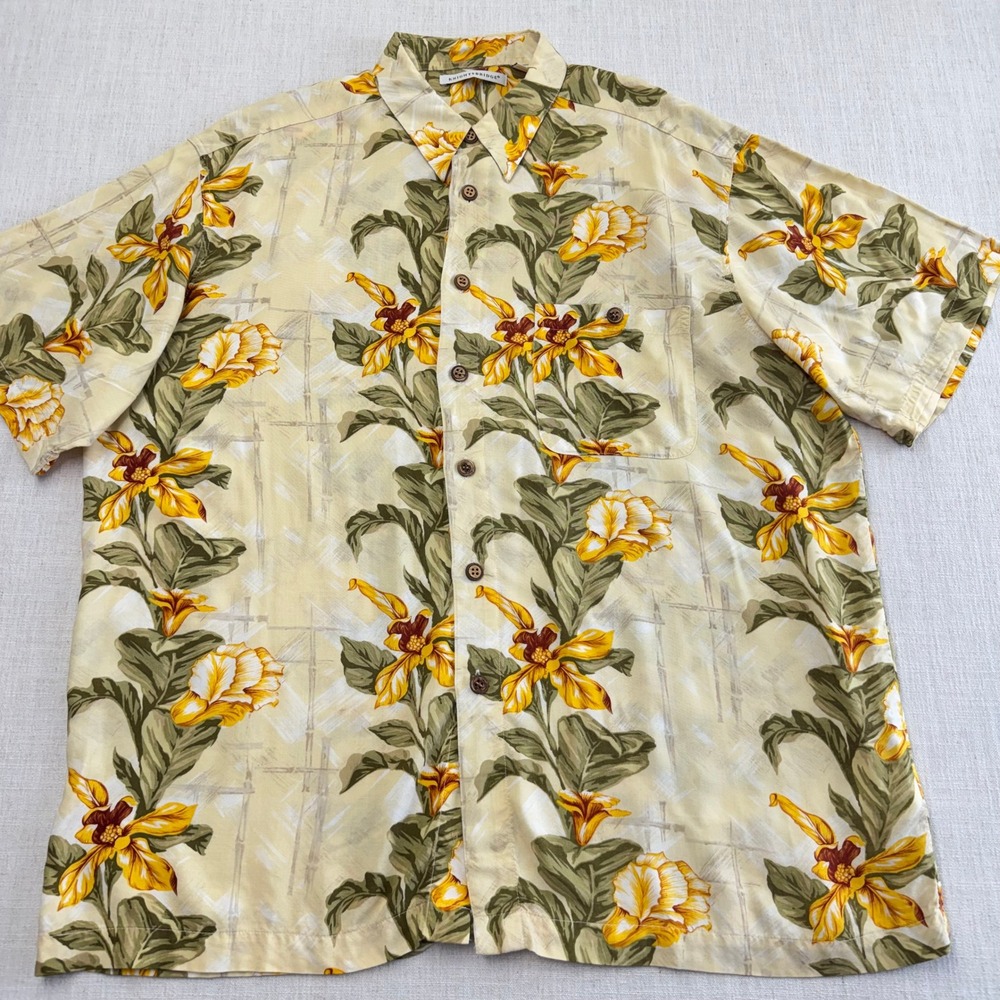 Knightsbridge Mens XL Floral Hawaiian Shirt Yellow Rayon Tropical Camp Button Up